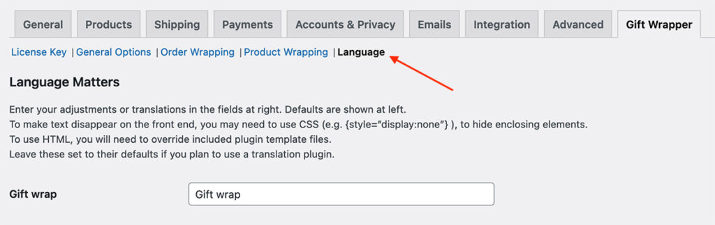 woocommerce gift wrapper language-translation strings screenshot