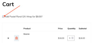 Screenshot of WordPress gift wrapper plugin peri-cart checkbox